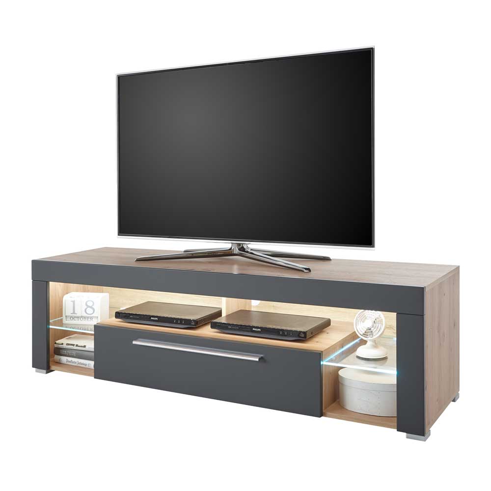 Beleuchtete TV Kommode mit Klappe & Glas-Böden - Lorena