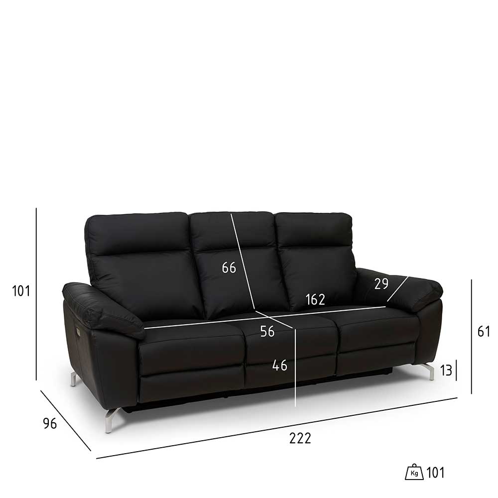 Maße und Abmessungen der schwarzen 3-Sitzer Relaxcouch – Vlatkura