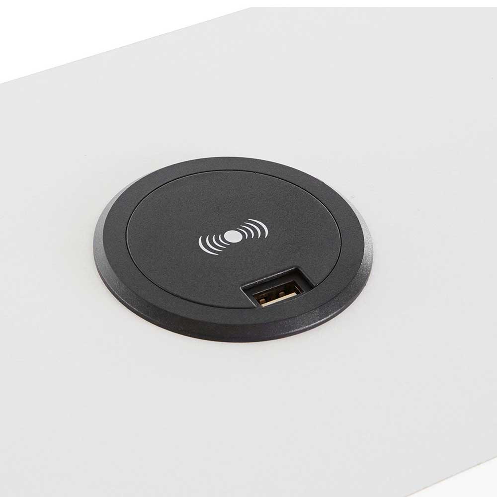 Integriertes Induktionsladegerät mit USB-Anschluss in der weißen Schreibtischplatte – Finlays