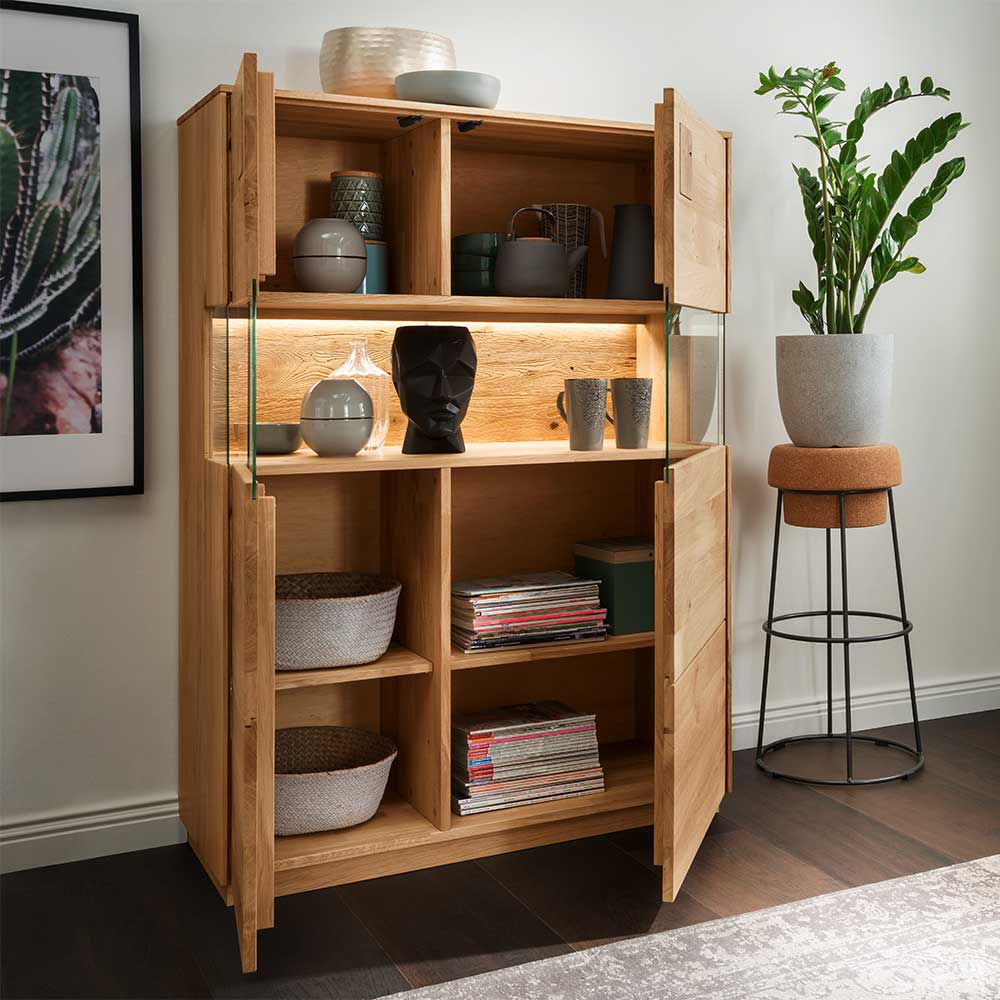 Highboard mit Glaseinsatz aus Wildeiche massiv - Millena