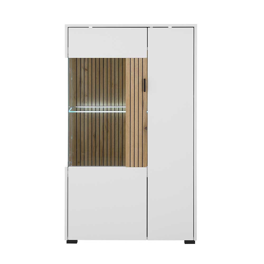 Weißes Highboard mit Glaseinsatz und integrierter LED-Beleuchtung in Holzoptik – Nenaloro
