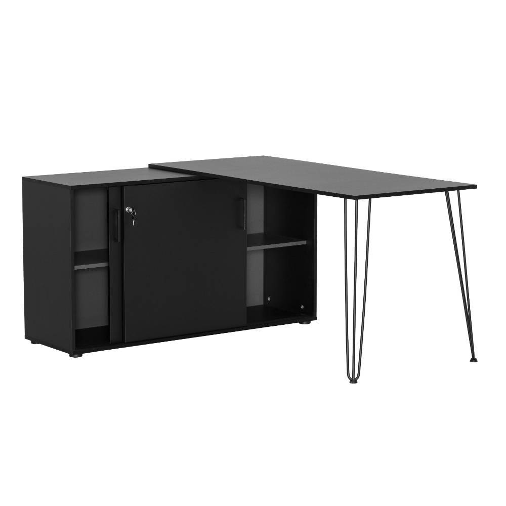 Mattschwarzer Schreibtisch mit integriertem Aktenschrank und schwarzen Hairpin-Beinen – Benadetta