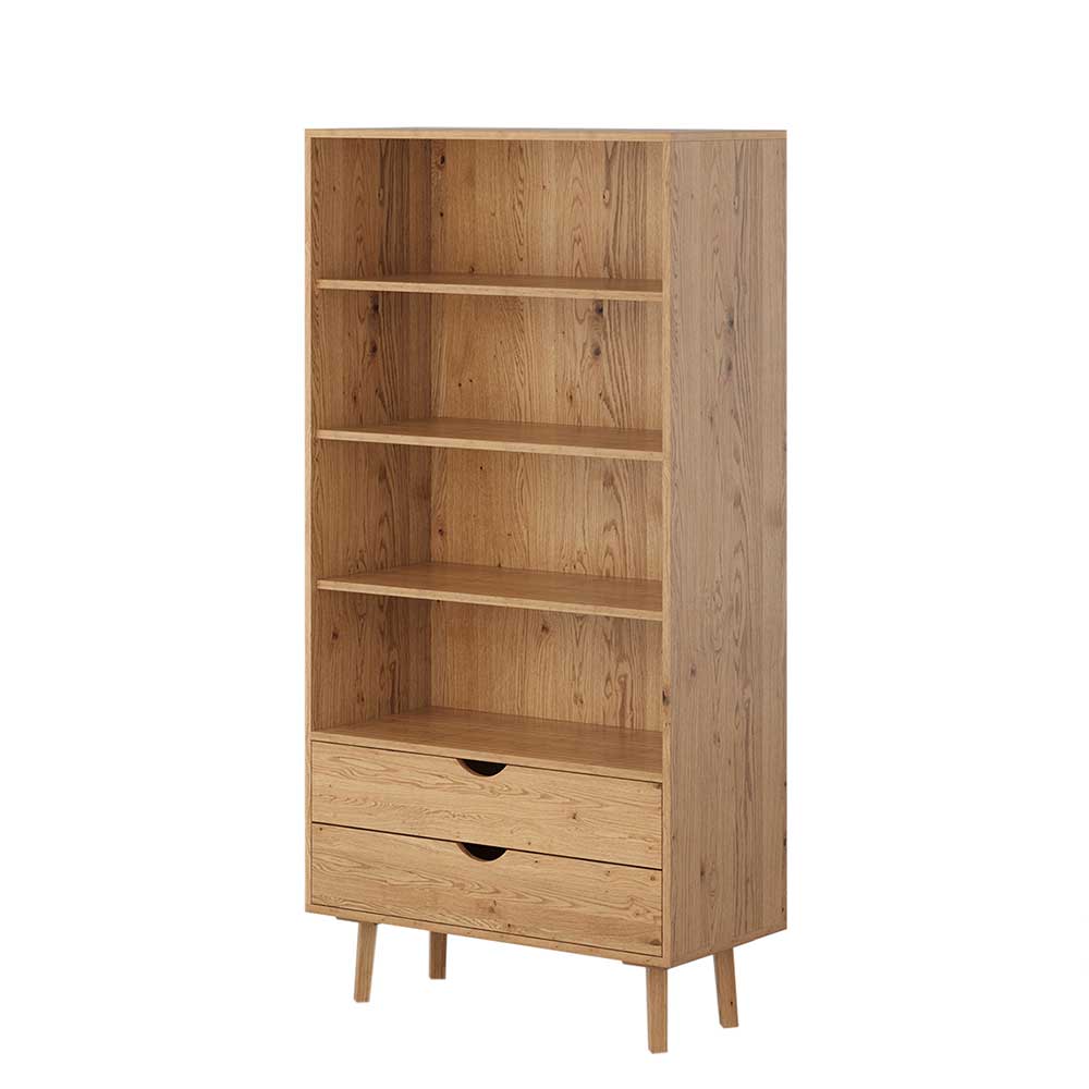 Massivholz-Regal mit zwei Schubladen und offenen Fächern aus hellem Holz – Fabijola