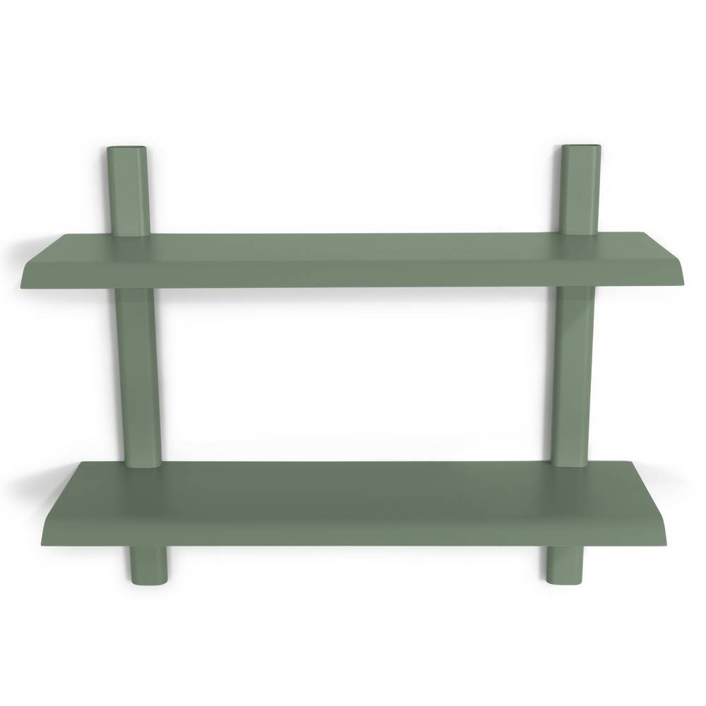 Graugrünes Wandregal aus Stahl mit zwei Ablagen für moderne Wohnzimmer – Colorio