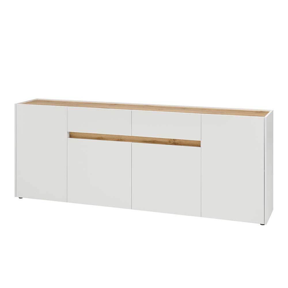 Geräumiges Design Sideboard in Weiß mit Eichenholz-Oberplatte und vier Türen – Nonessia