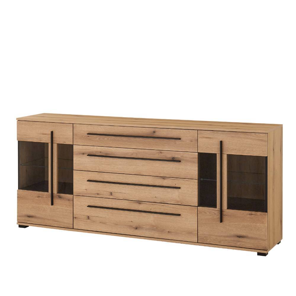 Geräumige Kommode in warmer Holzfarbe mit integrierten Vitrinen und viel Stauraum – Brocus