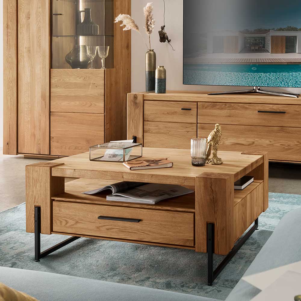 Quadratischer Couchtisch aus massiver Eiche mit zwei Schubladen und offener Ablage für das Wohnzimmer – Slaraduva