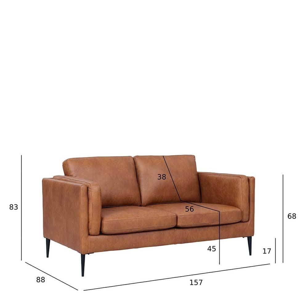 Zweisitzer Sofa aus Leder in Cognac Braun mit detaillierten Maßen und Abmessungen – Lespavo
