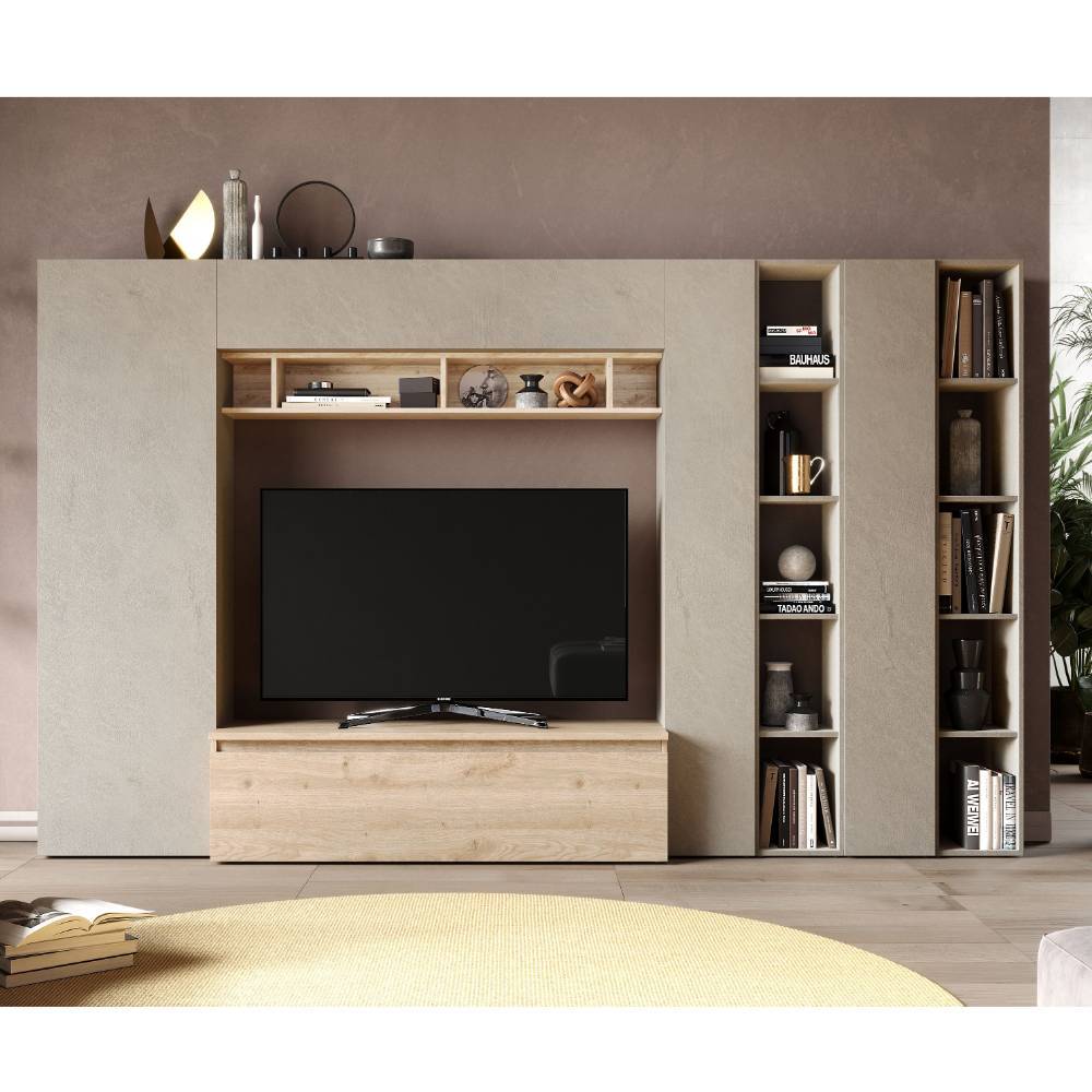 Design-Wohnwand Kombi in Beton-Optik - Tevez (achtteilig)
