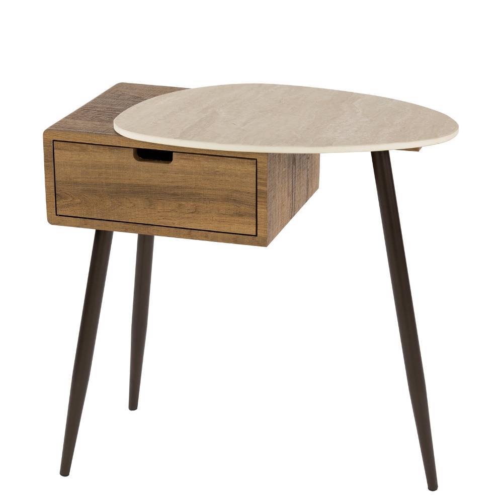 Eleganter Design-Nachttisch mit Holzschublade und Keramikplatte auf schlanken Beinen – Voscona