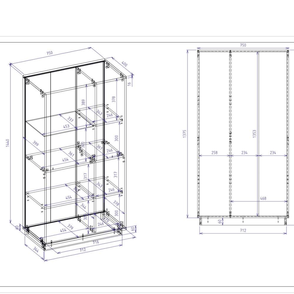 Highboard Vitrine technische Zeichnung Maße und Abmessungen für die Planung – Spain