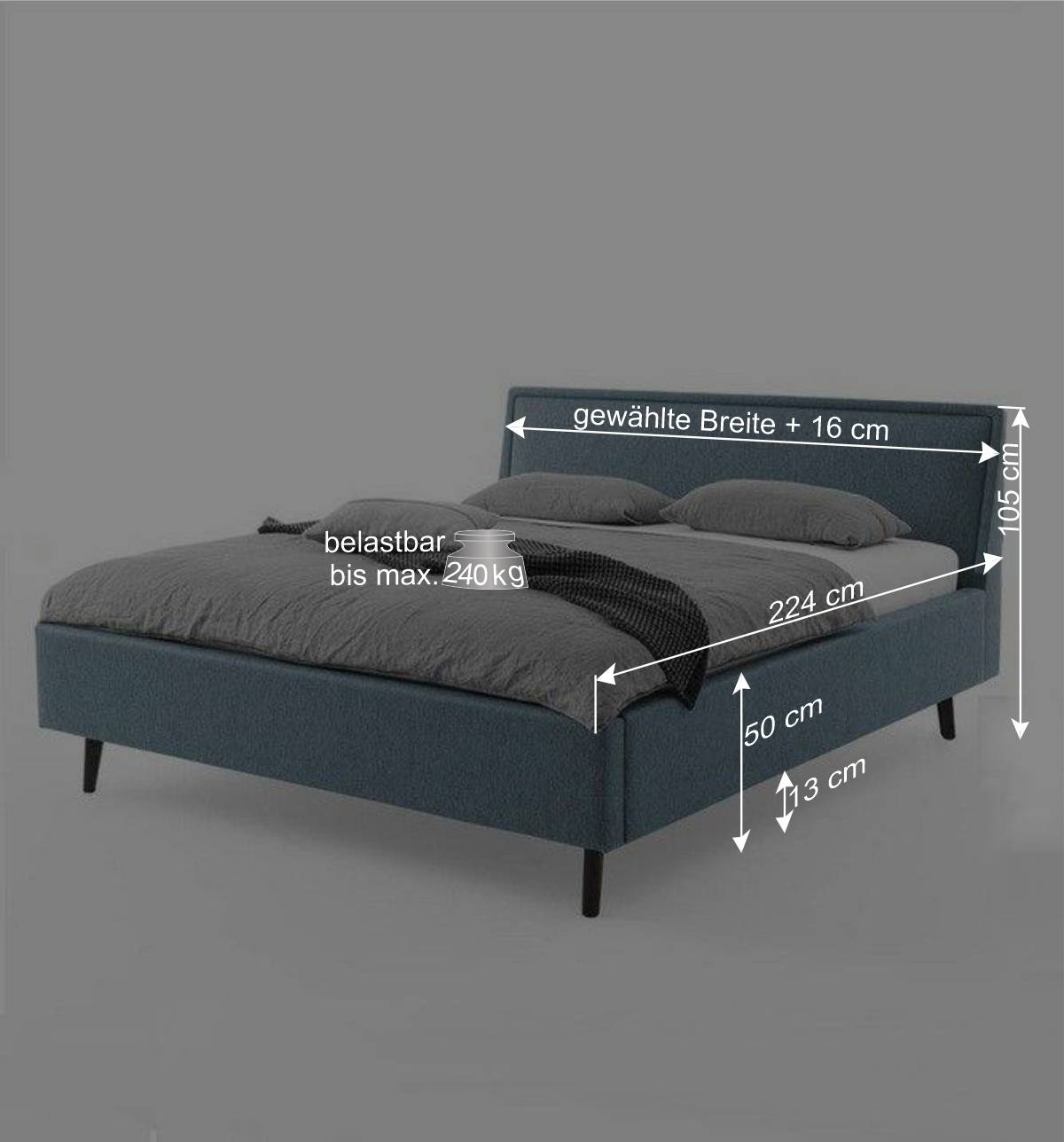 Modernes Polsterbett in Blaugrau Stoff - Sunhide