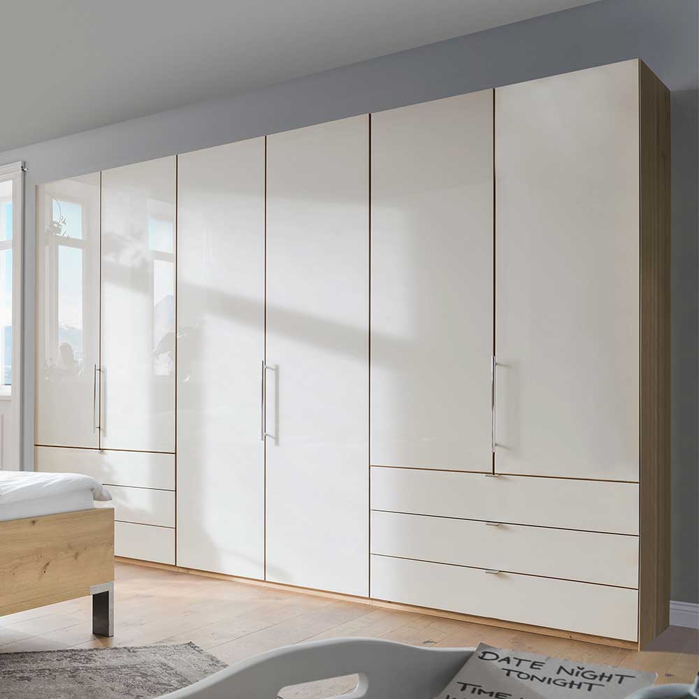 Geräumiger Schlafzimmerschrank in Beige Glas mit Schubladen und Türen – Lesegano