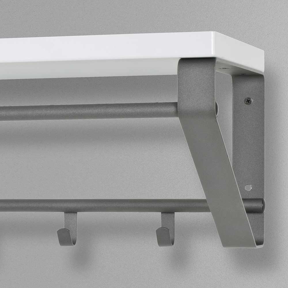 Detail der robusten grau-weißen Garderobe mit Metallgestell und praktischen Kleiderhaken – Probian
