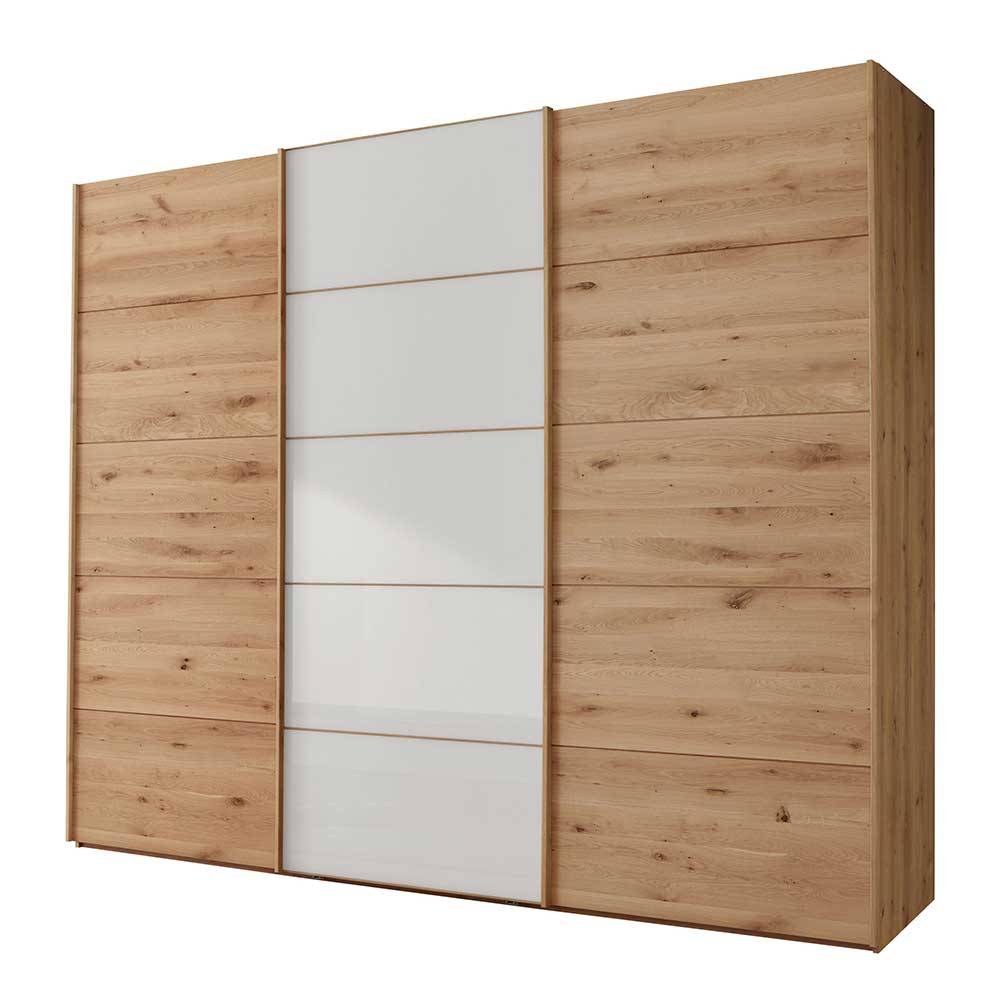 Moderner Schwebetürenschrank in Holzoptik mit weißen Glasfronten – Crucav