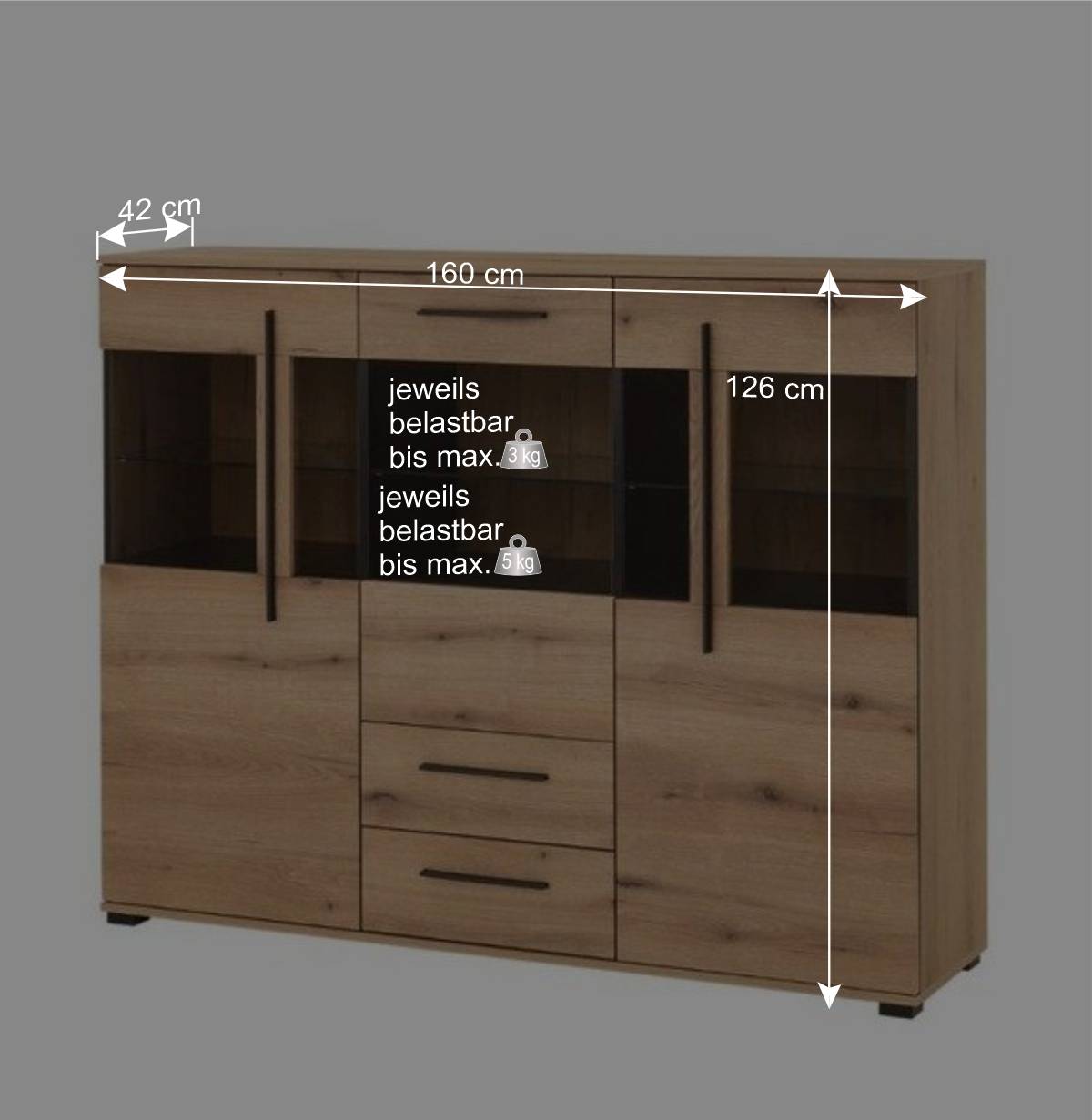 Vitrinen-Highboard in Eiche Holzoptik - Brocus
