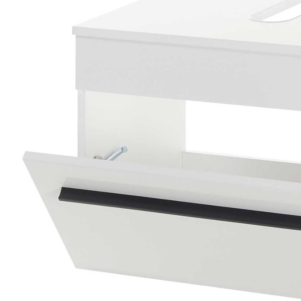 Geöffnete Schublade des weißen wandhängenden Badschranks mit schwarzem Griff – Ingmesan