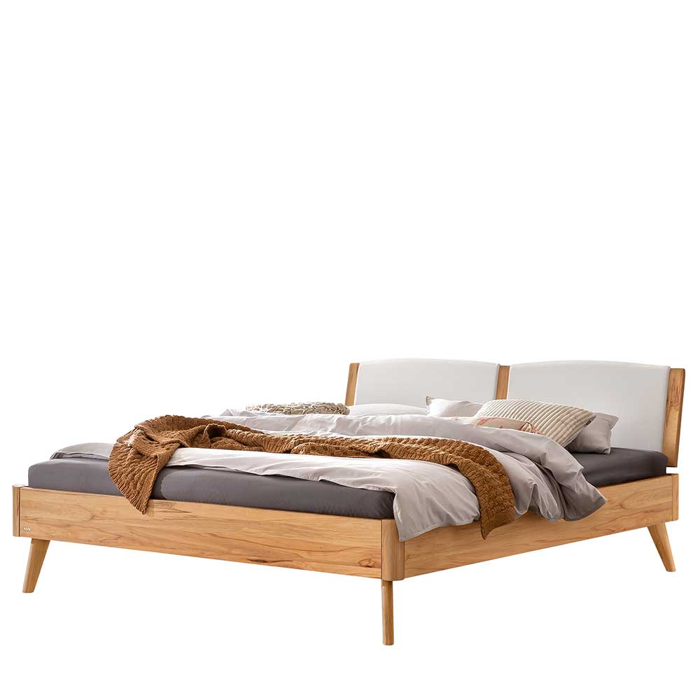 Modernes Wildbuche Massivholzbett mit elegantem weiß gepolstertem Kopfteil – Nilium