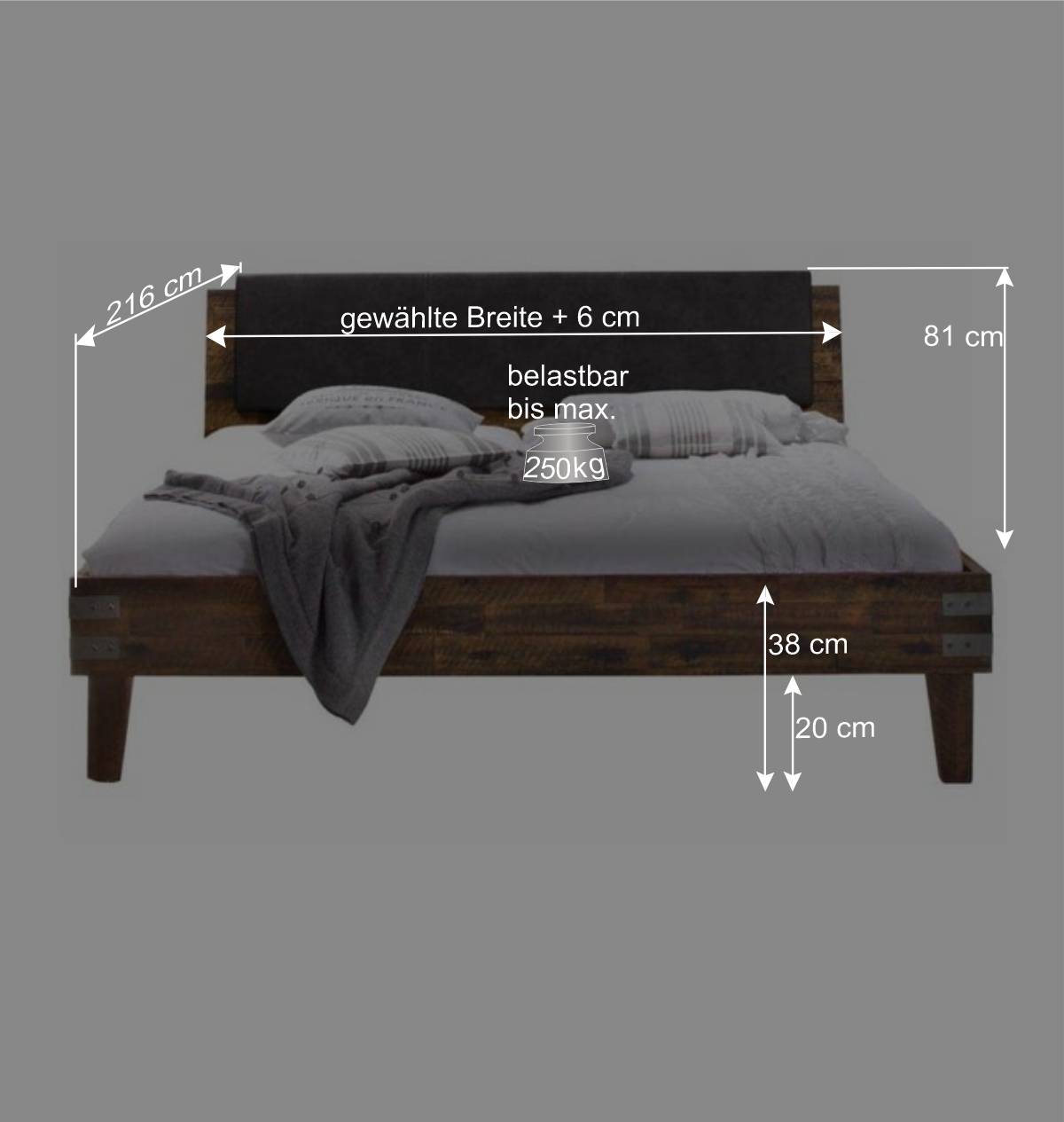 Industry Bett aus Massivholz Akazie Marosso in Braun Vintage
