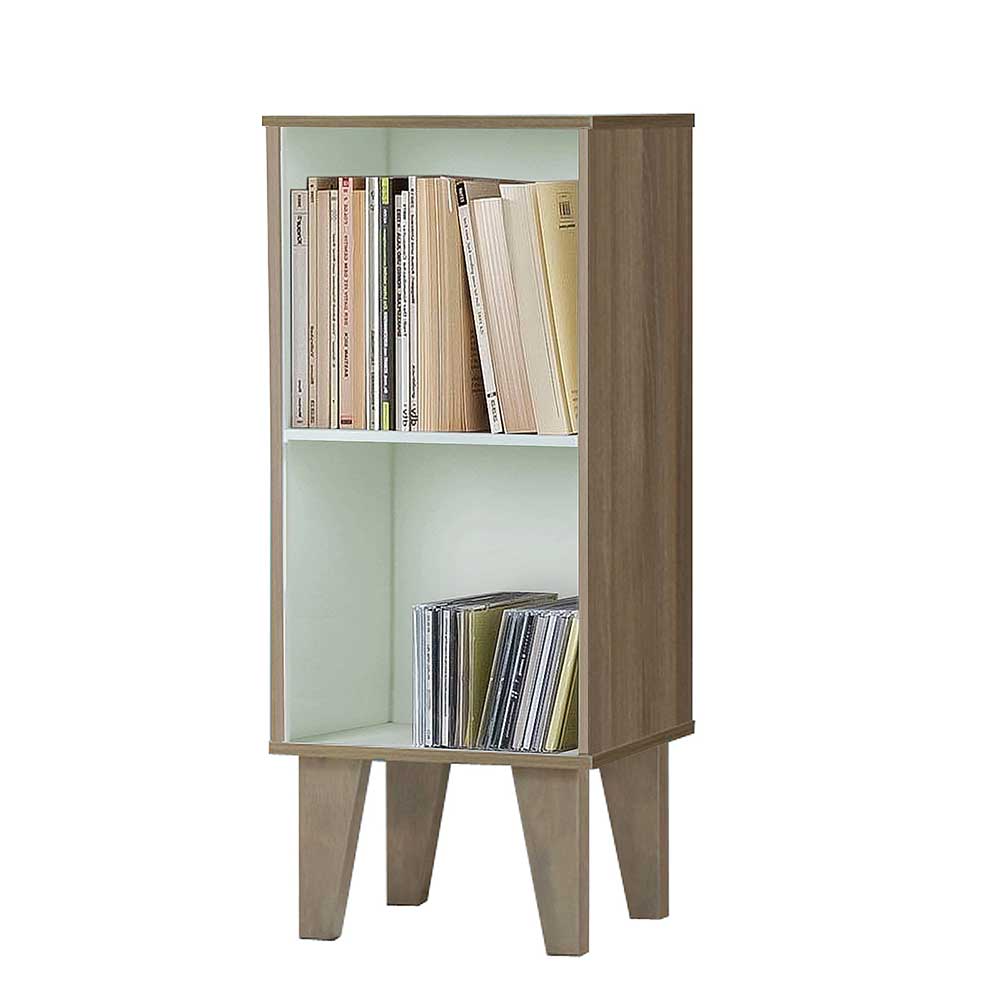 Kleines Regal mit zwei Fächern in Holzoptik und Weiß auf Holzfüßen – Crabira