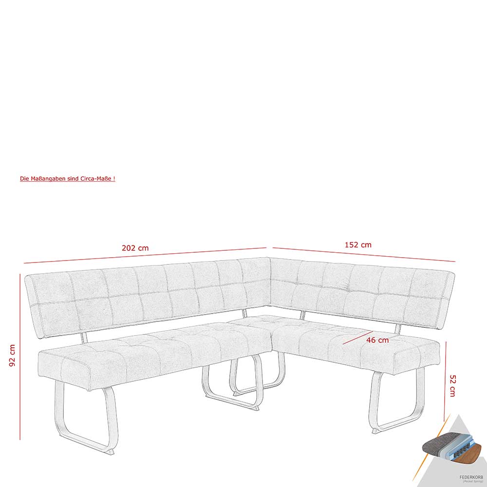 Eckbank Microfaser Maße und Abmessungen 202x152 cm mit Federkorb Polsterung – Elfetes