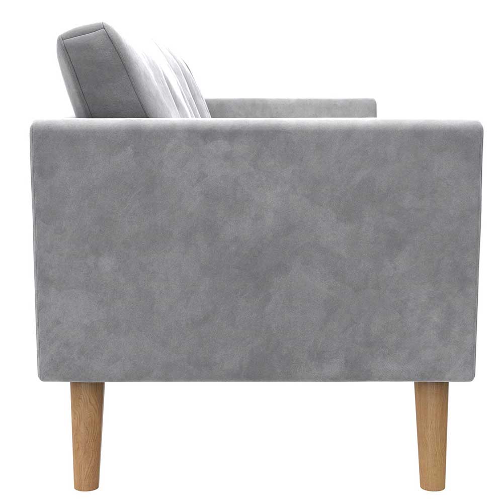 Elegantes Samtsofa in Hellgrau von der Seite mit geraden Armlehnen – Gonlamo
