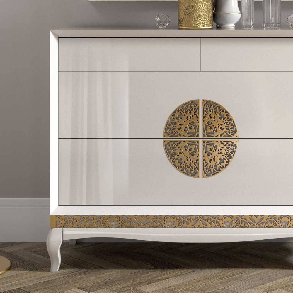 128x100x52 Italienische Kommode in Weiß & Gold - Valganios