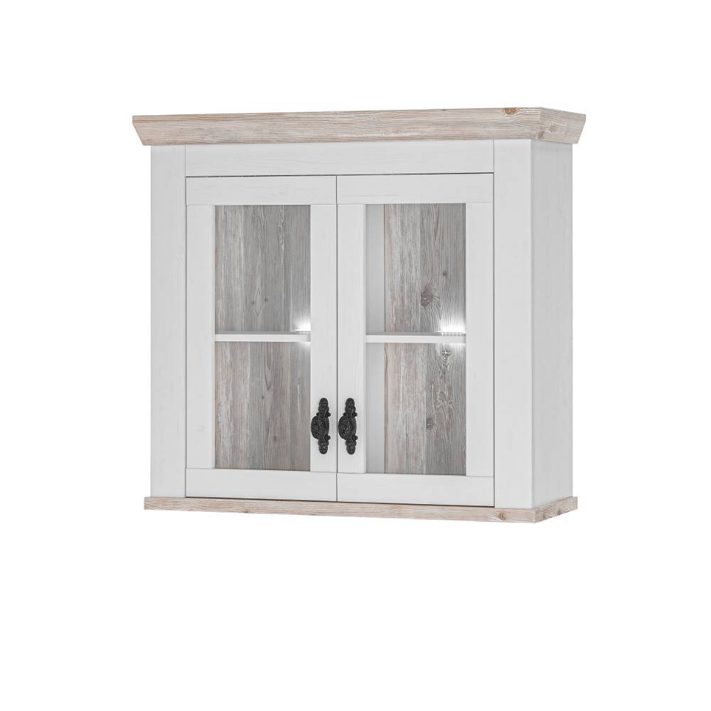 Eleganter weißer Küchen Oberschrank mit zwei geschlossenen Vitrinentüren und Holzrückwand – Nedita