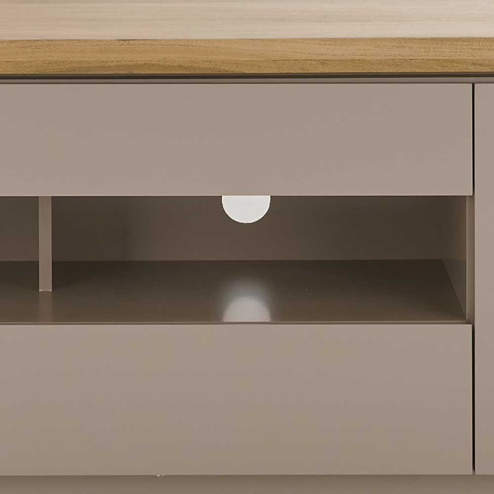 Detail des offenen Fachs und Schublade am TV Schrank in Taupe – Anja