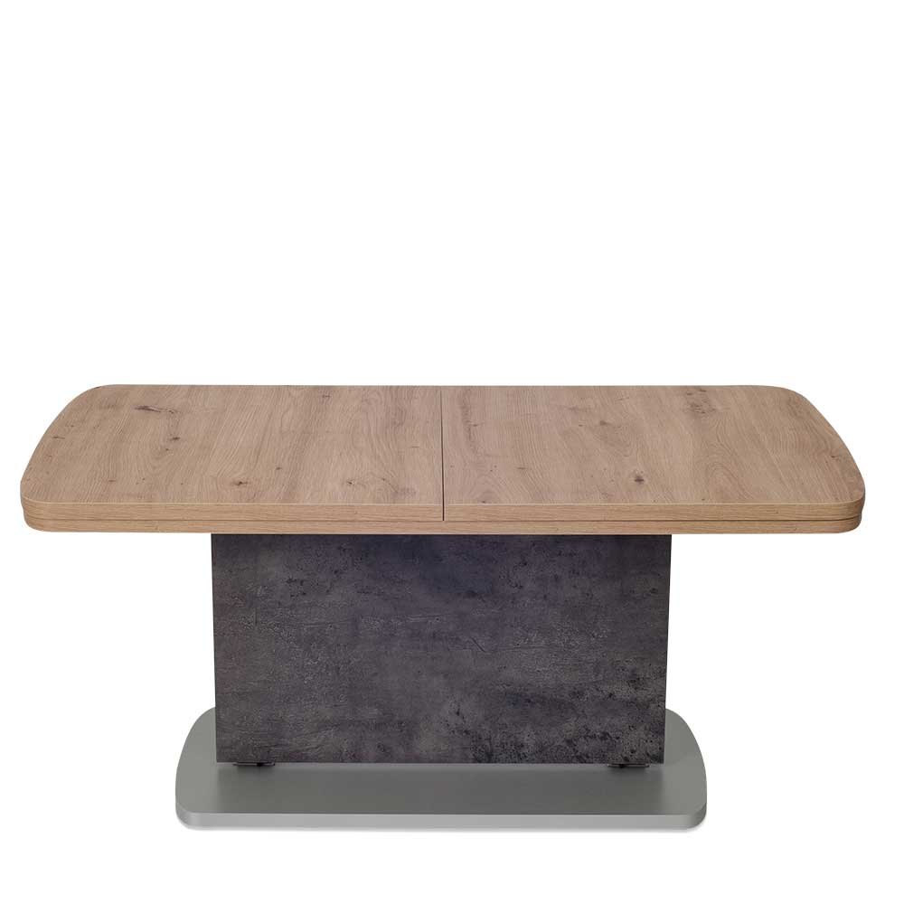 Design Wohnzimmertisch geschlossen mit heller Holzplatte und dunklem Betonsockel auf silberner Basis – Carismata