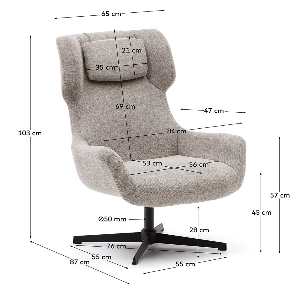 Eleganter drehbarer Loungesessel mit detaillierten Maßen und Abmessungen – Marocana