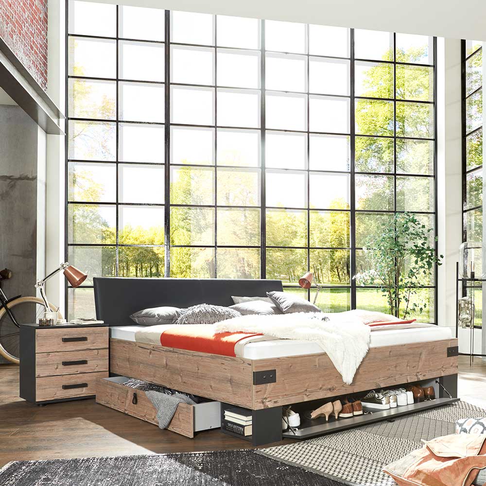 Industrial Schlafzimmereinrichtung Set vierteilig mit Bett, Nachtkommoden und Kopfteil – Ardila