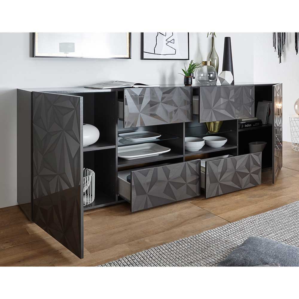 Geöffnetes dunkelgraues Sideboard mit geometrischem Muster, Schubladen und Fächern – Kuriasna