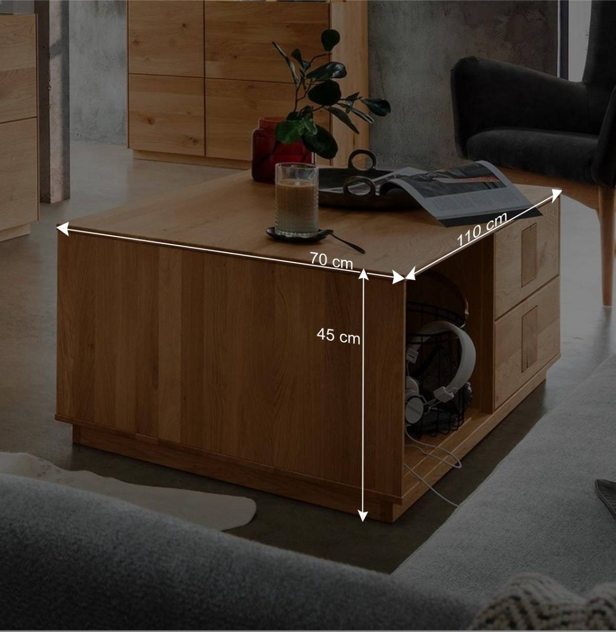 Wildeiche Couchtisch mit Stauraum - Millena