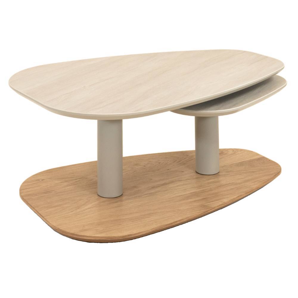Design-Wohnzimmertisch mit zwei schwenkbaren Tischplatten in Hellbeige und stabiler Holzbasis – Denmark