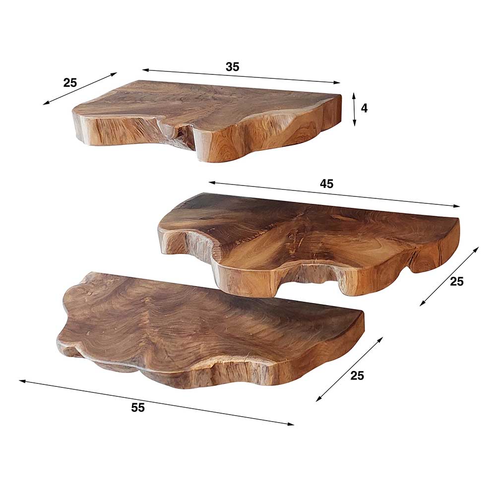 Teak Wandboard Trio mit Naturkanten - Matthis (dreiteilig)