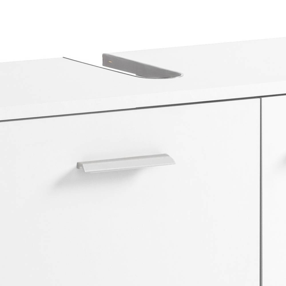 Mattweißer Waschbeckenunterschrank mit silbernem Griff und praktischer Aussparung für Armaturen – Hectoss