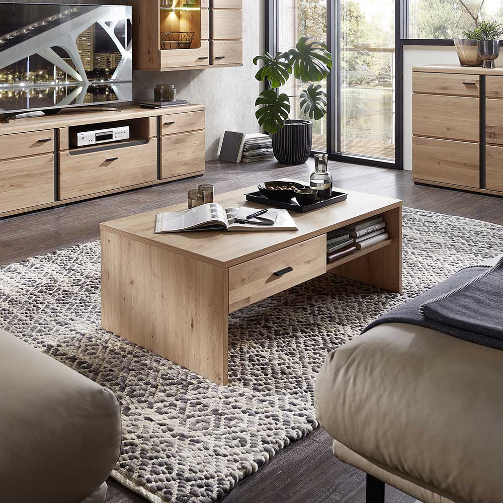 Teilmassiver Couchtisch mit Schublade und offenem Fach in heller Holzoptik – Mattadore
