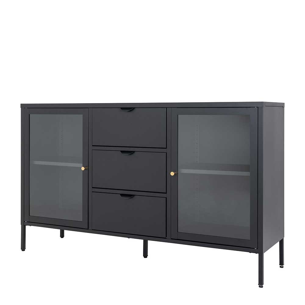 Schwarzes Sideboard aus Metall mit Glasfront und drei praktischen Schubladen – Tirmanus