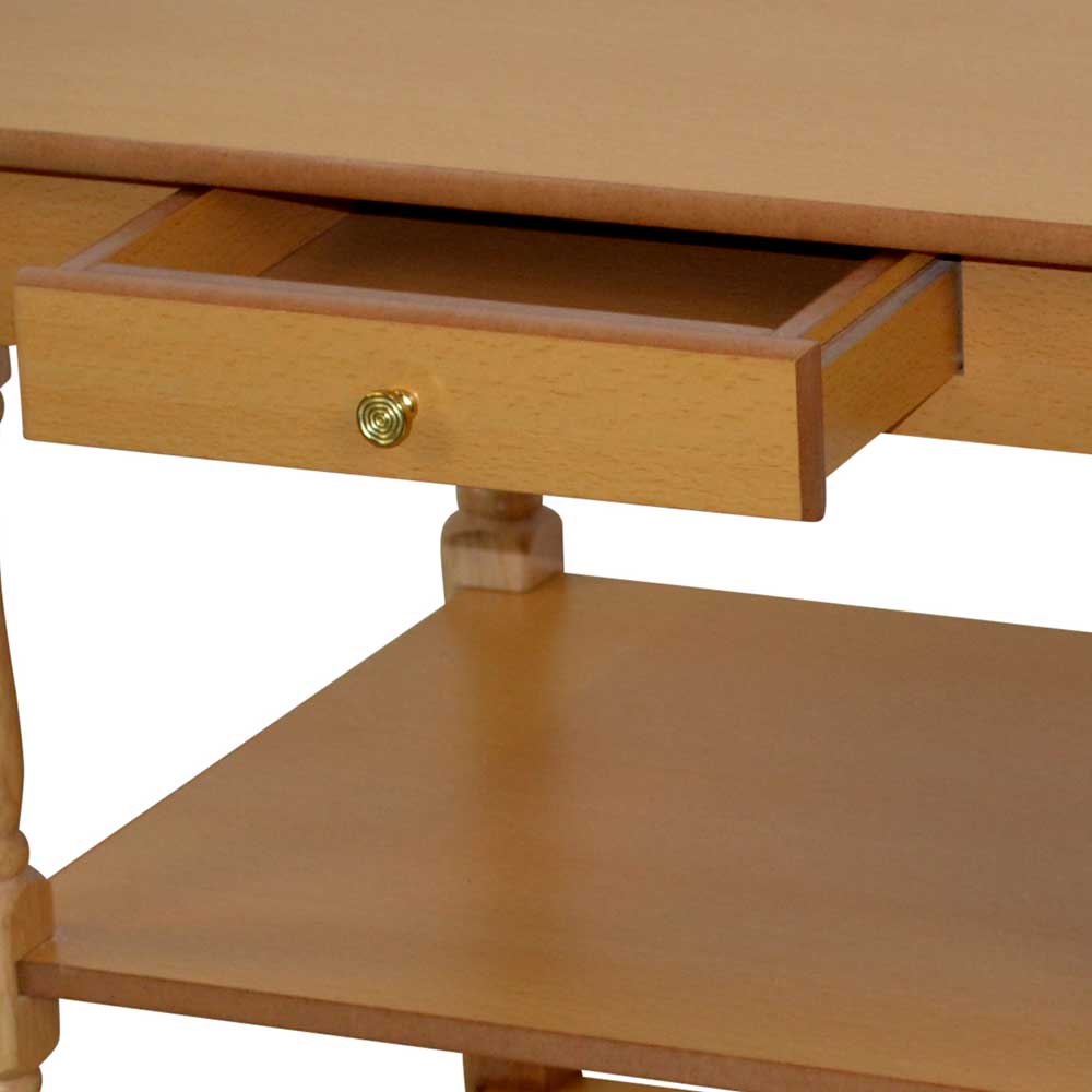 Beistelltisch in Buche mit geöffneter Schublade und goldenem Messinggriff – Locks