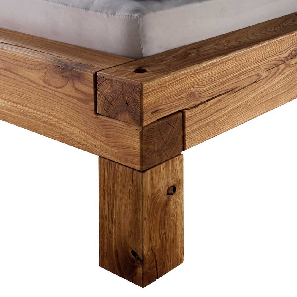 Balken-Doppelbett mit Nachttischen im Set Housten aus Wildeiche massiv (dreiteilig)