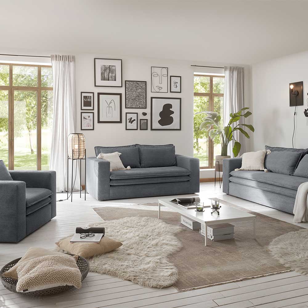 Grauer Cord Zweisitzer als gemütliches Wohnzimmersofa, perfekt für kleine Räume – Ruffos