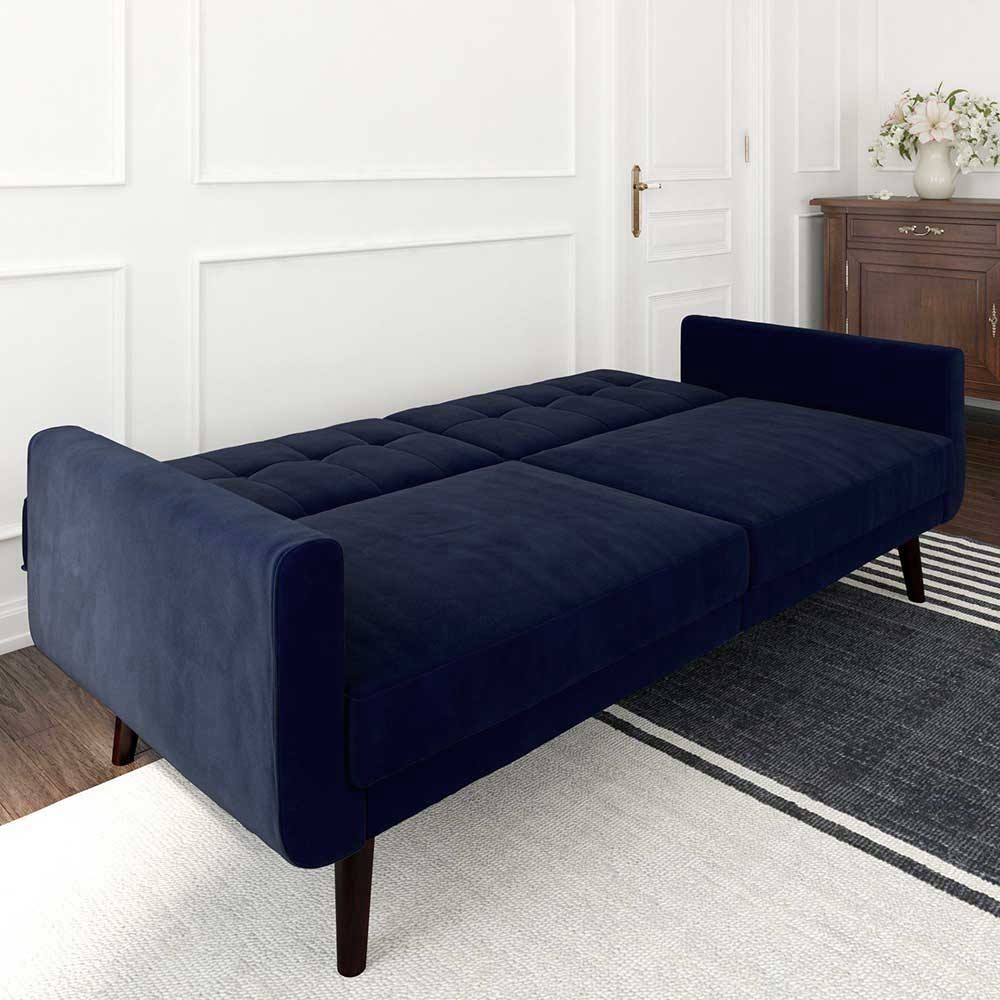 Ausklappbares dunkelblaues Samt Schlafsofa mit bequemer Bettfunktion – Luzillo