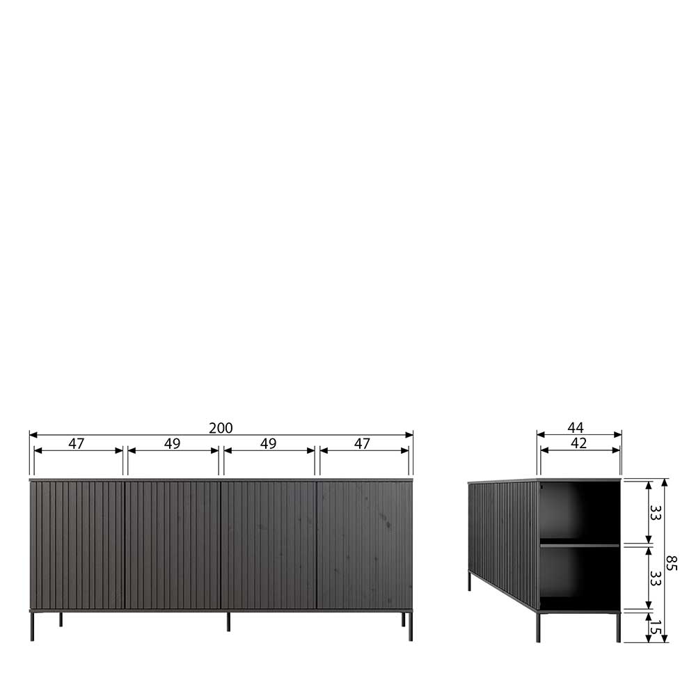Schwarzes Sideboard mit vier Türen und Rillenstruktur – Maße und Abmessungen – Gelvins