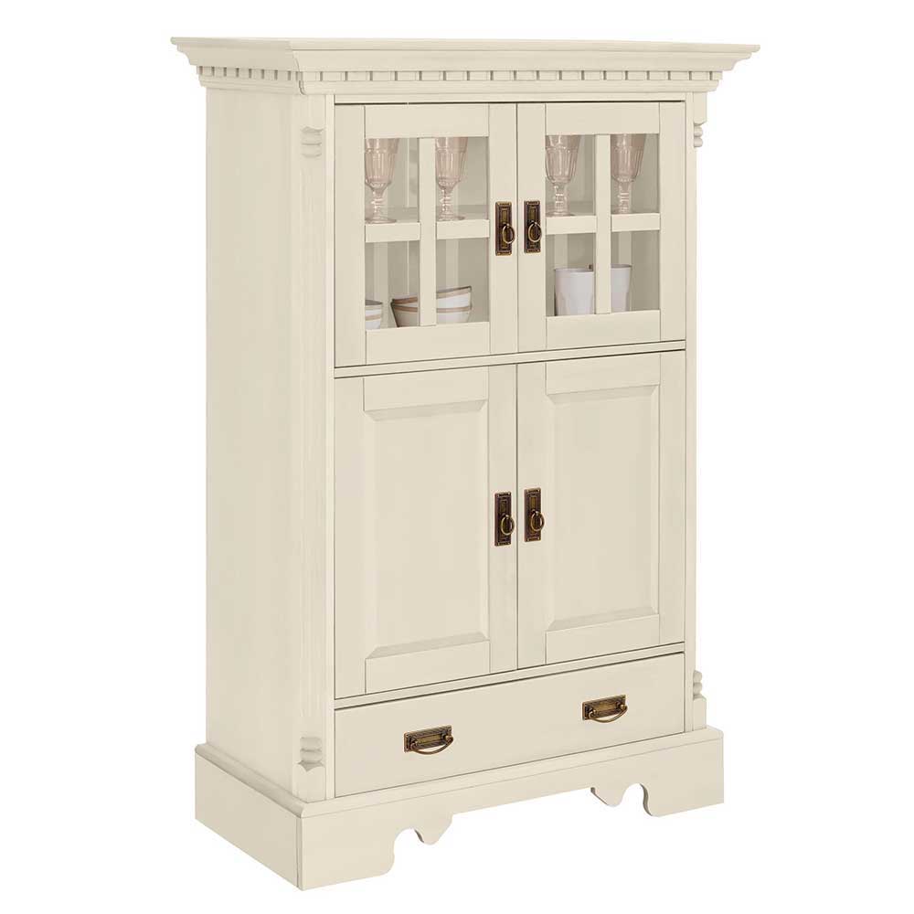 Cremefarbenes Landhaus Highboard mit Vitrinentüren, geschlossenen Schranktüren und Schublade – Rospus