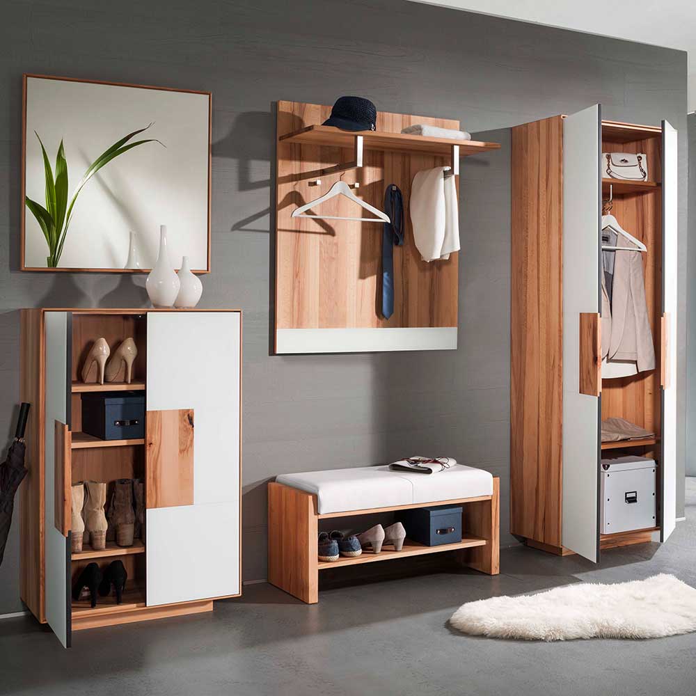 Fünfteiliges Flurmöbel Set in Weiß und Kernbuche mit Schuhschrank, Garderobenpaneel, Bank und Kleiderschrank – Mandrey