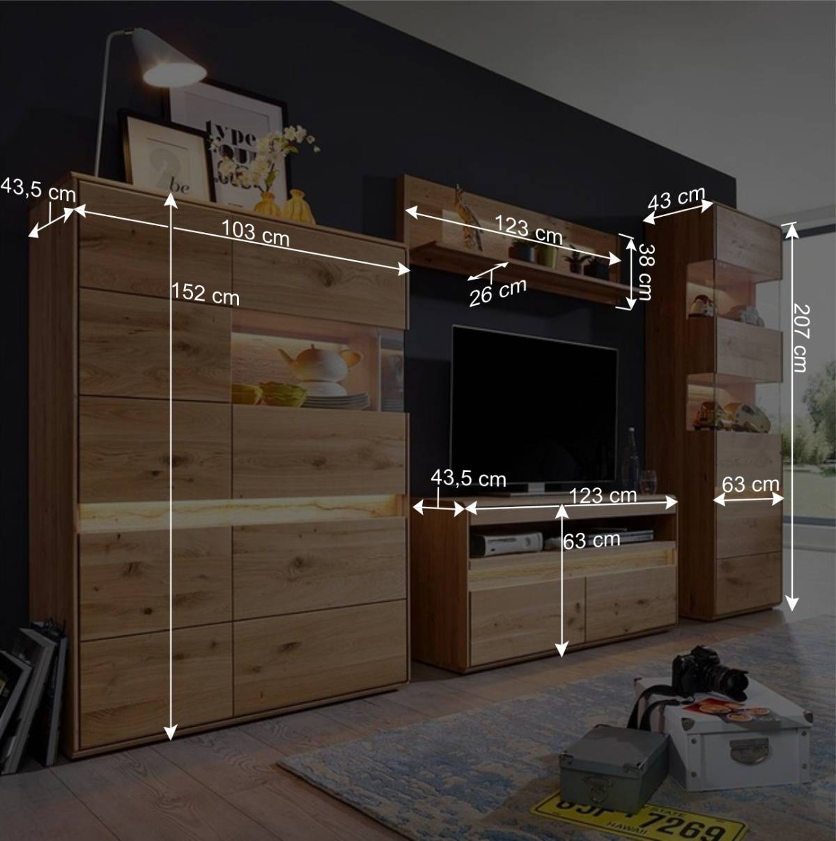Wildeiche Wohnzimmer Möbel Wohnwand - Acmida (vierteilig)