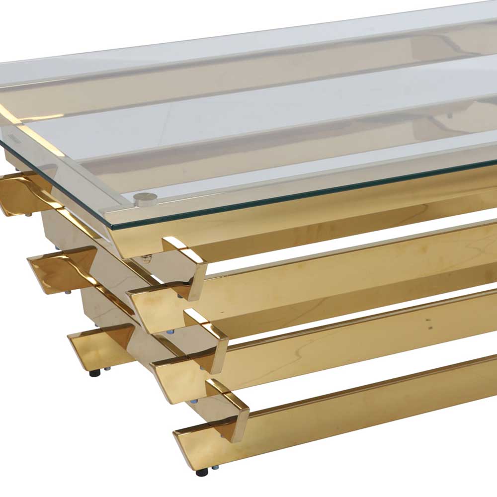 Rechteckiger Wohnzimmertisch mit transparenter Glasplatte und einzigartigem goldenem Metallgestell – Laduvia