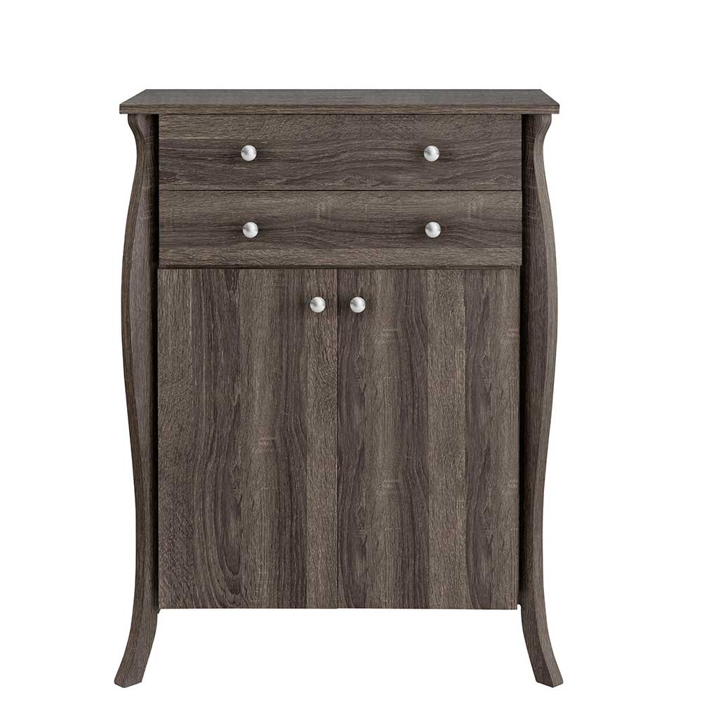 Holzoptik Badschrank mit zwei Schubladen und zwei Türen, dunkles Holzdesign – Fionora