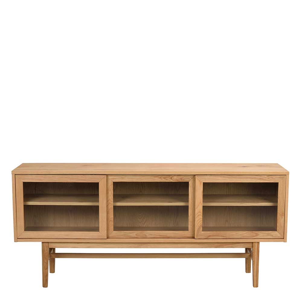 Modernes Holzsideboard mit drei Glas-Schiebetüren und zwei Regalböden in heller Eiche – Forcelan